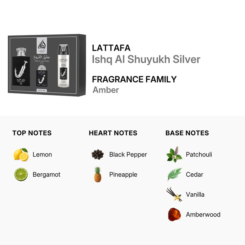 Lattafa Men's Ishq Al Shuyukh Silver Gift Set Fragrances