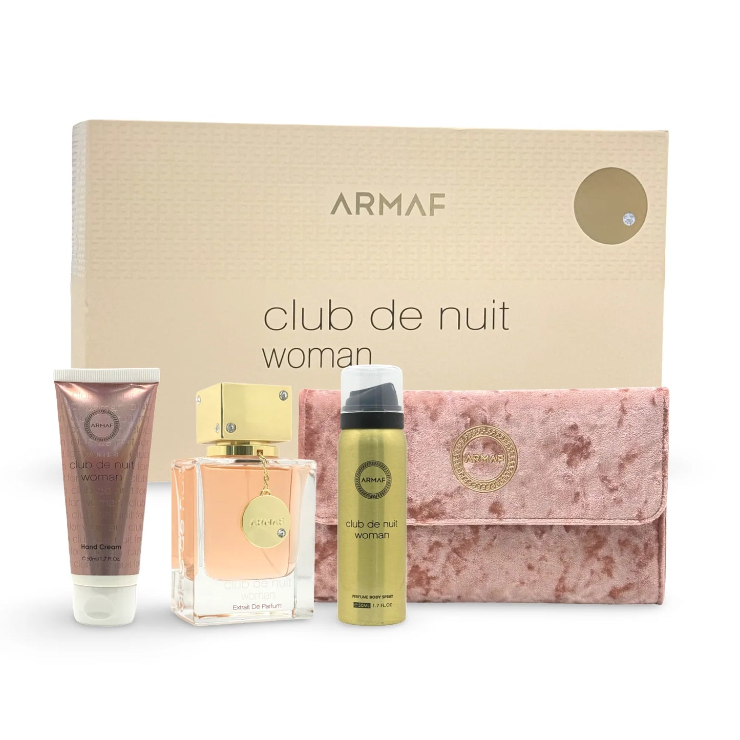 Armaf Club de Nuit Woman 2.37 Extrait de Parfum, 1.7 Hand Cream/1.7 Body Spray/ Luxury Evening Bag 4Pcs