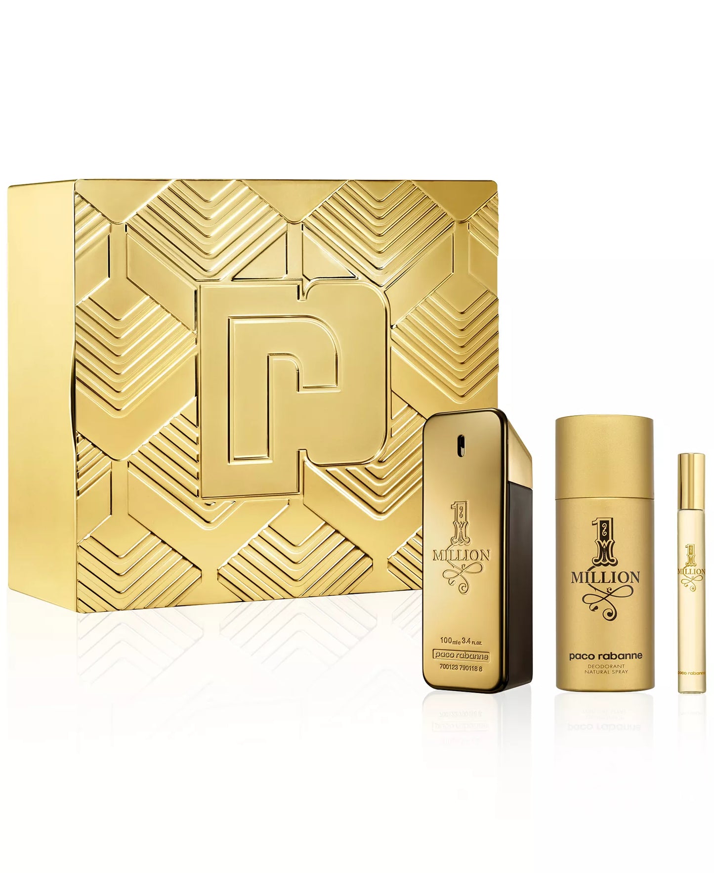 Paco Rabanne One Million 3.4Oz Eau De Toilette 3-Piece Gift Set for Men + 5.1 Oz Deodorant Spray + 0.33 Oz Travel Spray