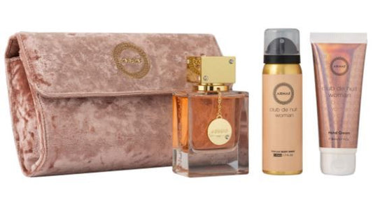 Armaf Club de Nuit Woman 2.37 Extrait de Parfum, 1.7 Hand Cream/1.7 Body Spray/ Luxury Evening Bag 4Pcs
