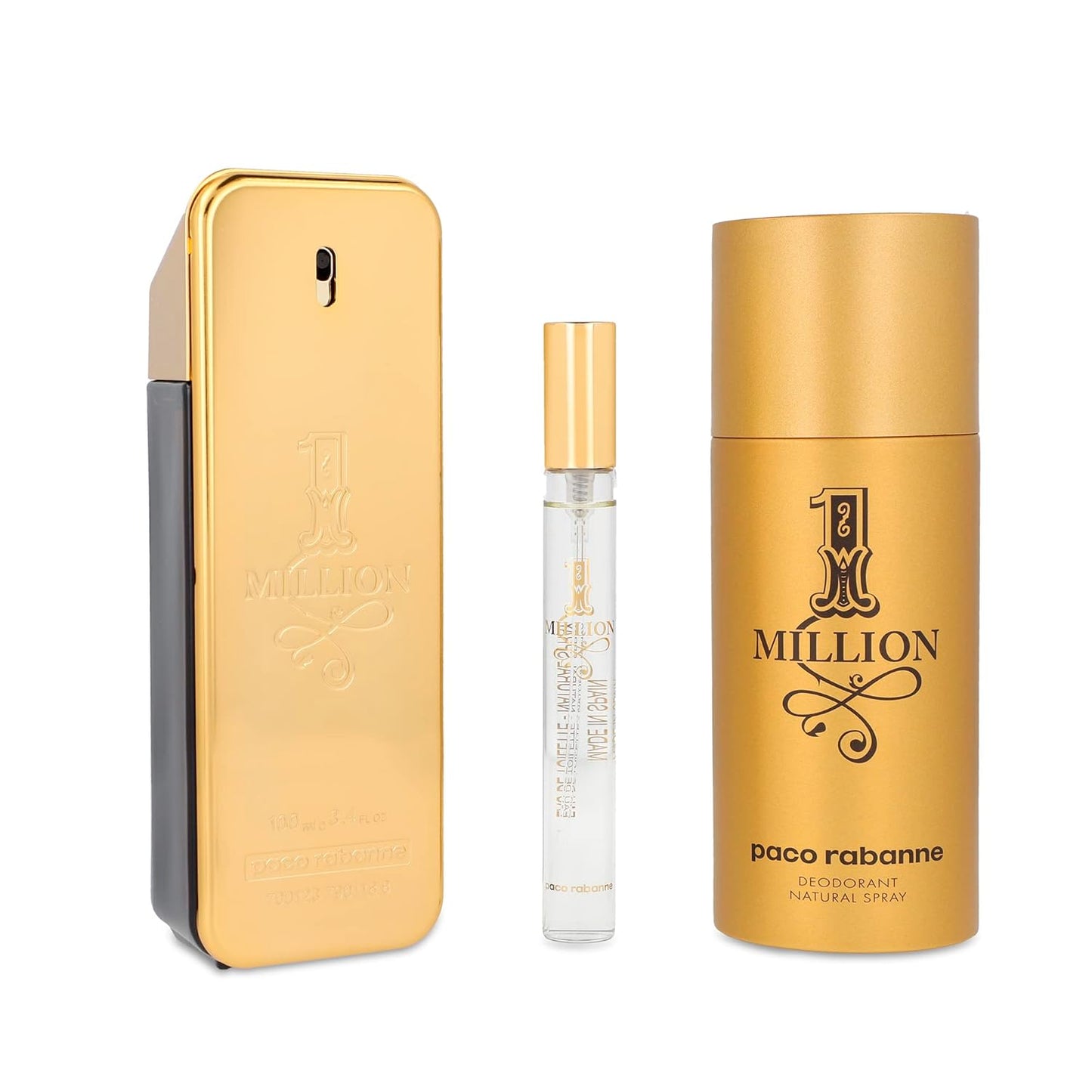 Paco Rabanne One Million 3.4Oz Eau De Toilette 3-Piece Gift Set for Men + 5.1 Oz Deodorant Spray + 0.33 Oz Travel Spray