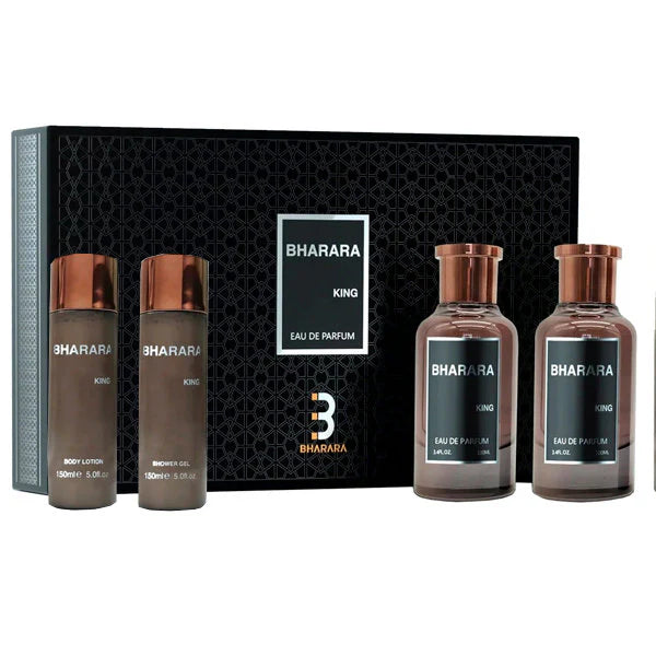 BHARARA KING 4 PIECES MENS 3.4 EDP SPRAY + 5OZ BODY LOTION +3.4 AFTER SHAVE+5OZ SHOWER GEL